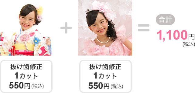 1人のお子さまに抜け歯修正×2カットの場合1,000円