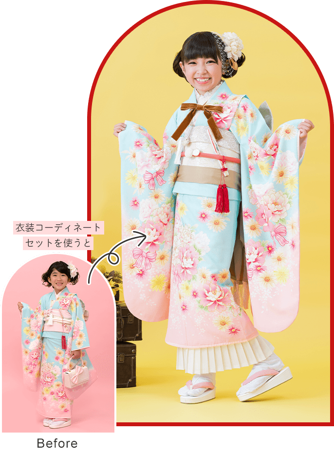 衣装コーディネートを使用したビフォーアフター画像